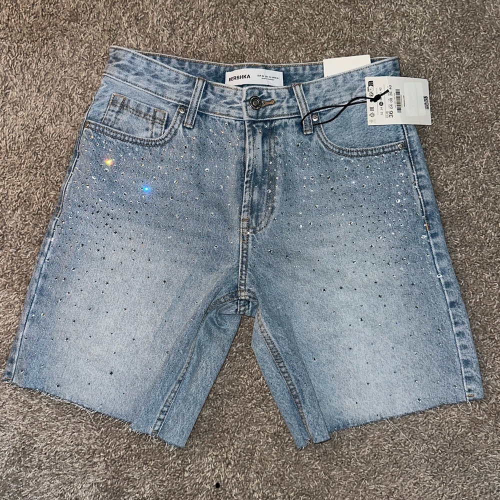 Bershka Light Blue Studded Jean Shorts - Picture 2 of 5
